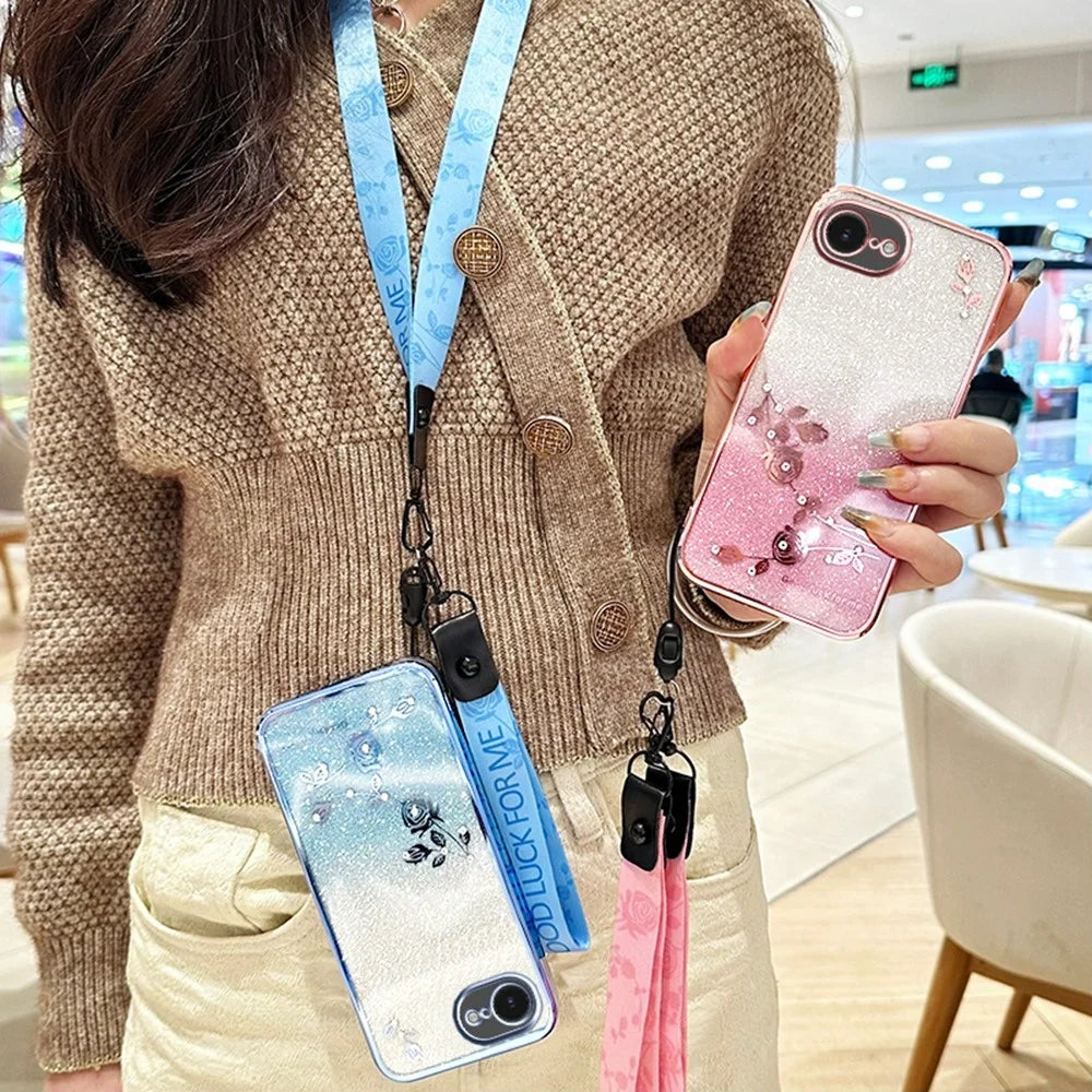 KADEM For iPhone 17e / 16e Case Flower Pattern TPU Gradient Phone Cover with Lanyards - Rose Gold - 4