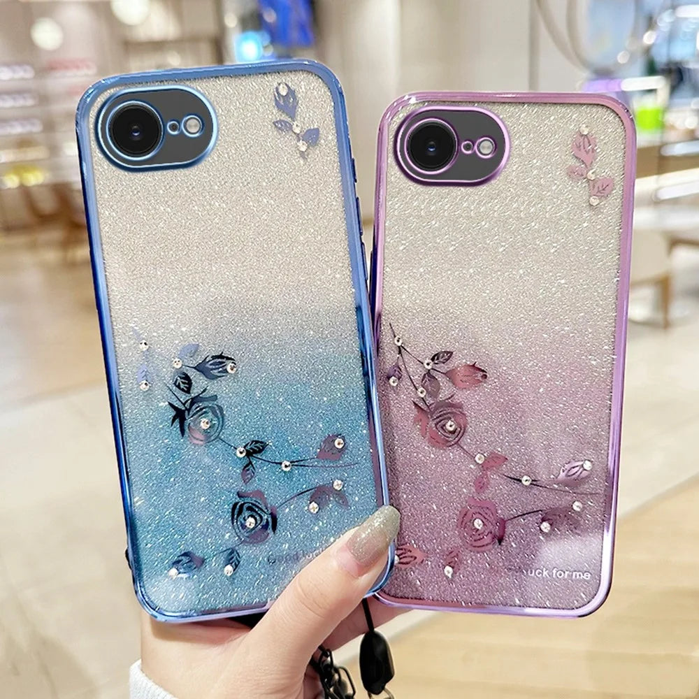 KADEM For iPhone 17e / 16e Case Flower Pattern TPU Gradient Phone Cover with Lanyards - Rose Gold - 5