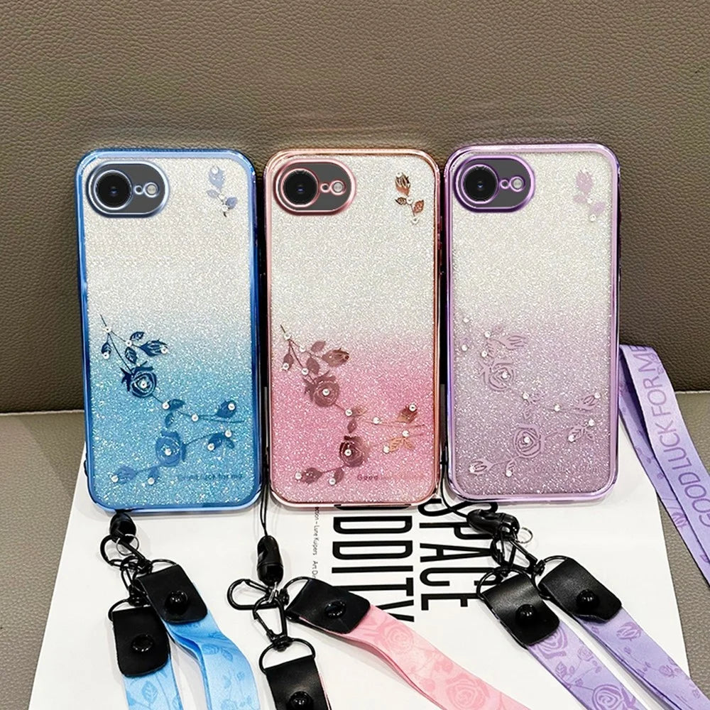 KADEM For iPhone 17e / 16e Case Flower Pattern TPU Gradient Phone Cover with Lanyards - Rose Gold - 6