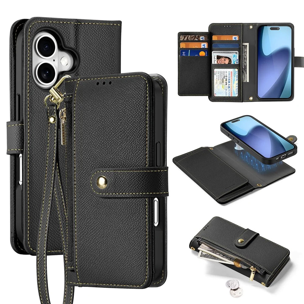 DUX DUCIS For iPhone 17 Case  Lawa Series Detachable Magnetic Cowhide Leather Cover Zipper Wallet - Black - 1