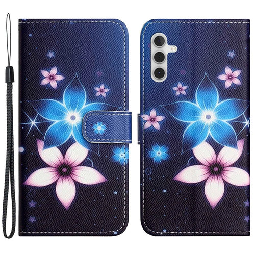 For Samsung Galaxy A14 5G / A14 4G Cross Texture PU Leather Phone Cover 3D Pattern Printing Stand Wallet Shockproof Case - Blue Flower - 1