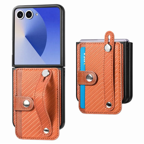 For Samsung Galaxy Z Flip7 5G Case Carbon Fiber Texture Leather Phone Back Cover with Card Holder - Brown - 1