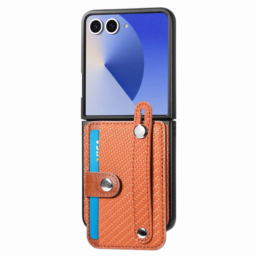 For Samsung Galaxy Z Flip7 5G Case Carbon Fiber Texture Leather Phone Back Cover with Card Holder - Brown - 2