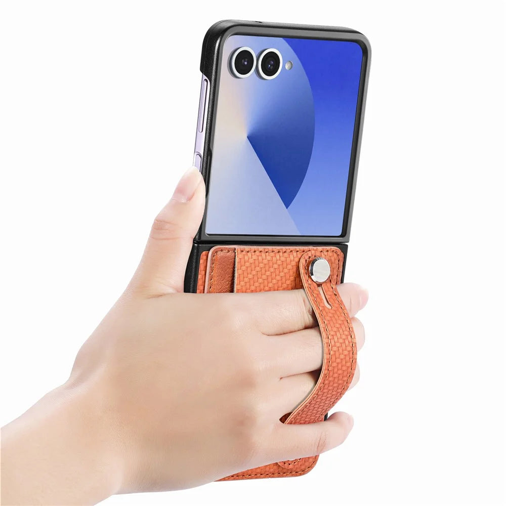 For Samsung Galaxy Z Flip7 5G Case Carbon Fiber Texture Leather Phone Back Cover with Card Holder - Brown - 4