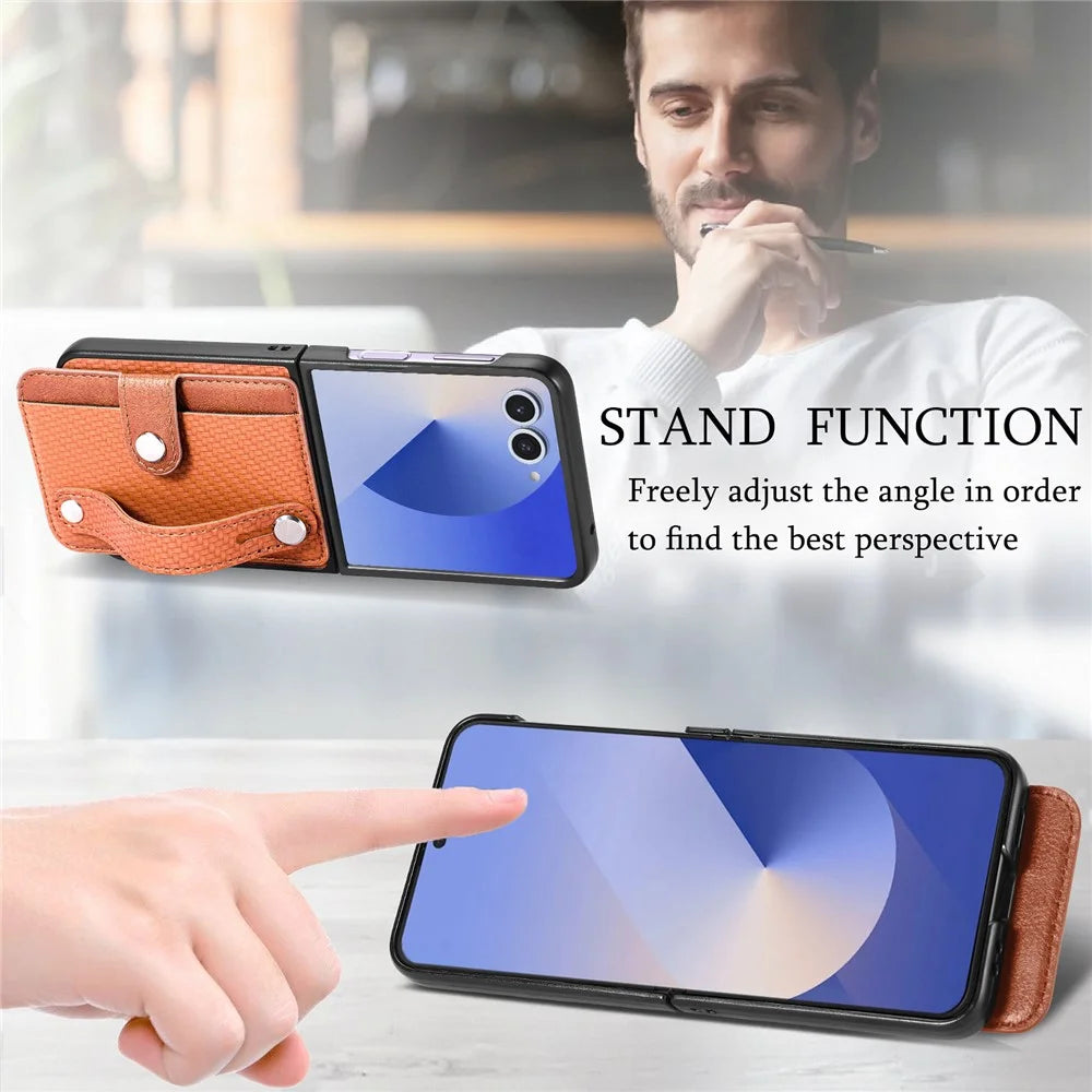 For Samsung Galaxy Z Flip7 5G Case Carbon Fiber Texture Leather Phone Back Cover with Card Holder - Brown - 6