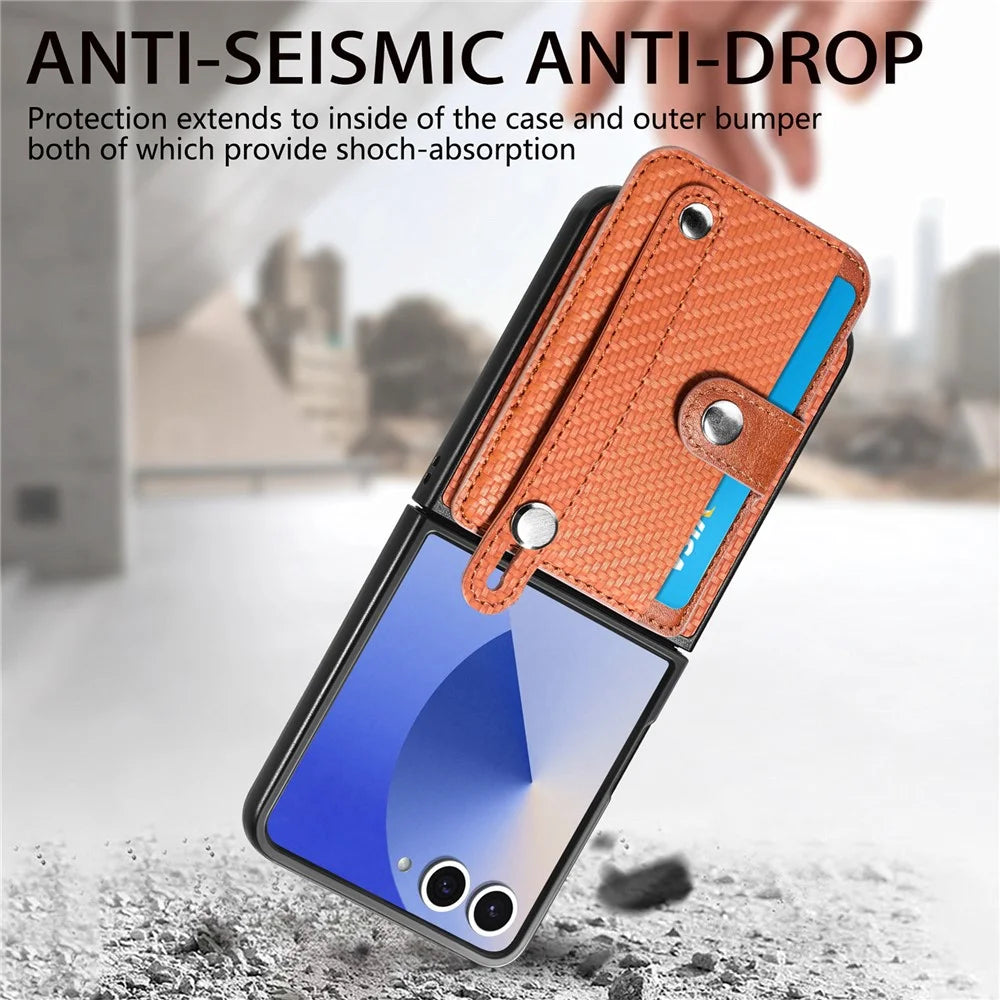 For Samsung Galaxy Z Flip7 5G Case Carbon Fiber Texture Leather Phone Back Cover with Card Holder - Brown - 7
