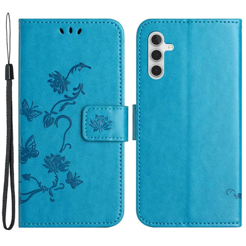 For Samsung Galaxy A14 5G / A14 4G Full Protection Butterfly Flower Imprinted Phone Case PU Leather + TPU Anti-scratch Flip Wallet Stand Cover - Blue - 1
