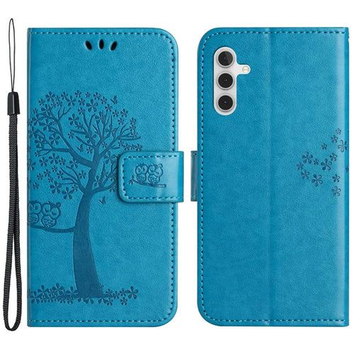 For Samsung Galaxy A14 5G / A14 4G Full Protection Cell Phone Cover PU Leather Imprinted Owl Tree Pattern Phone Case with Wallet Stand - Blue - 1