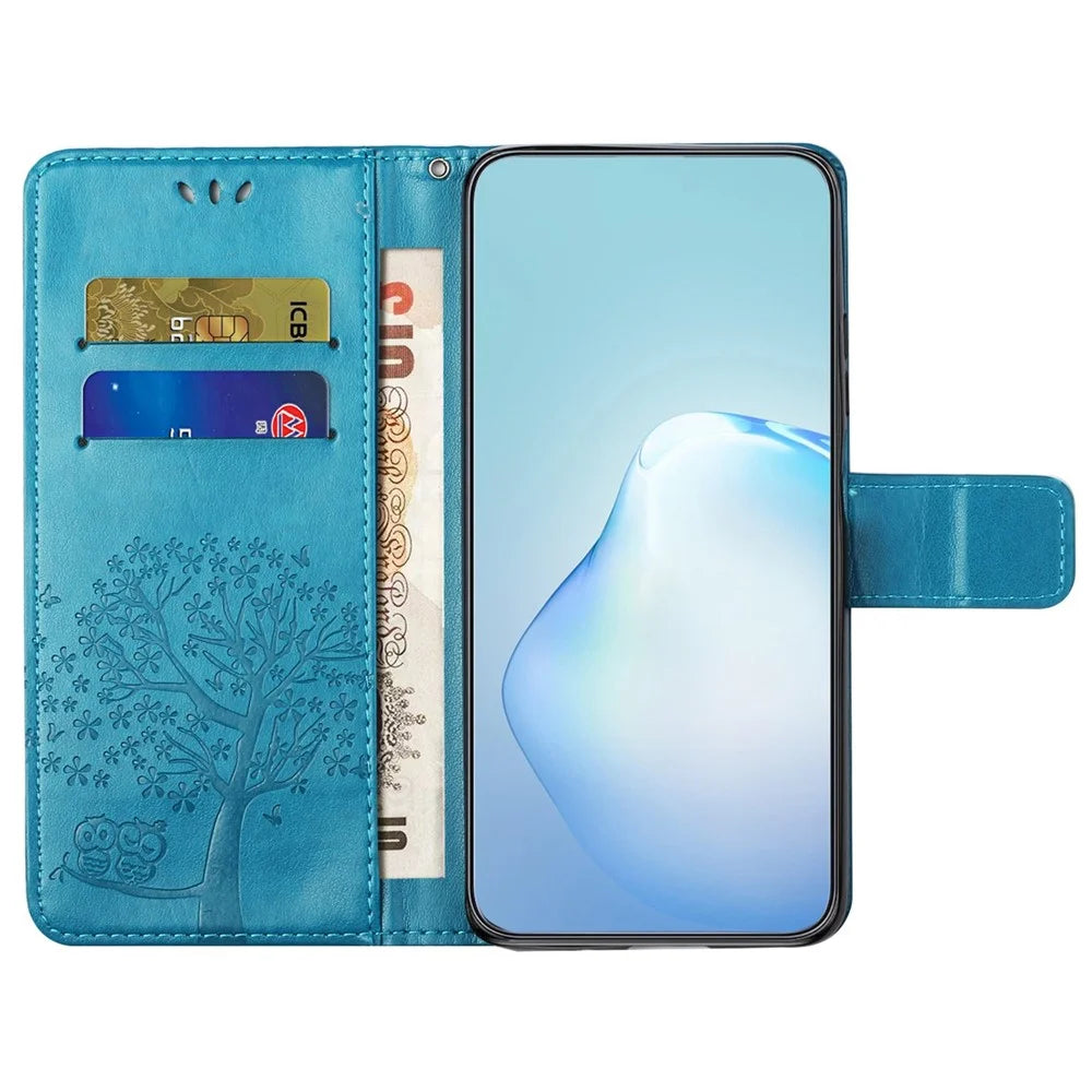 For Samsung Galaxy A14 5G / A14 4G Full Protection Cell Phone Cover PU Leather Imprinted Owl Tree Pattern Phone Case with Wallet Stand - Blue - 2