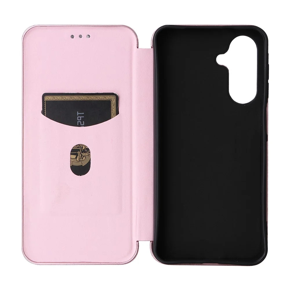 For Samsung Galaxy A18 5G / A18 4G / A17 5G / A17 4G / A26 5G Case Carbon Fiber Texture Drop-Proof PU Leather Phone Cover - Rose Gold - 4
