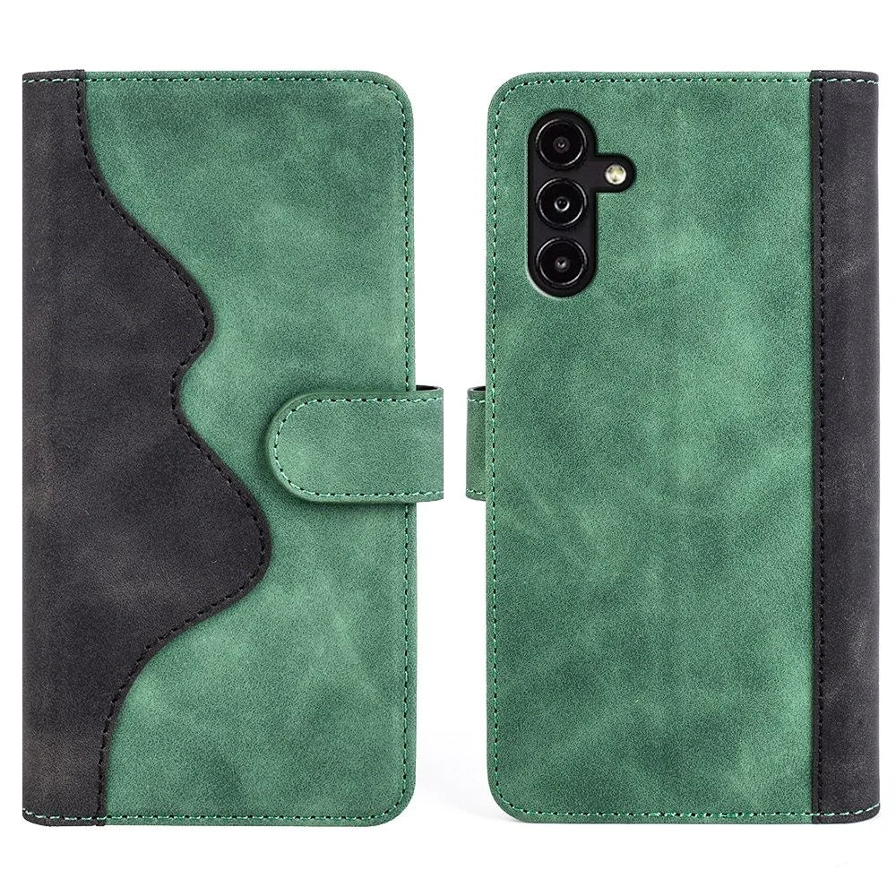 For Samsung Galaxy A14 5G / 4G Color Splicing PU Leather Book Wallet Case Magnetic Closure Stand Full Protection Folio Flip Phone Cover - Green - 1