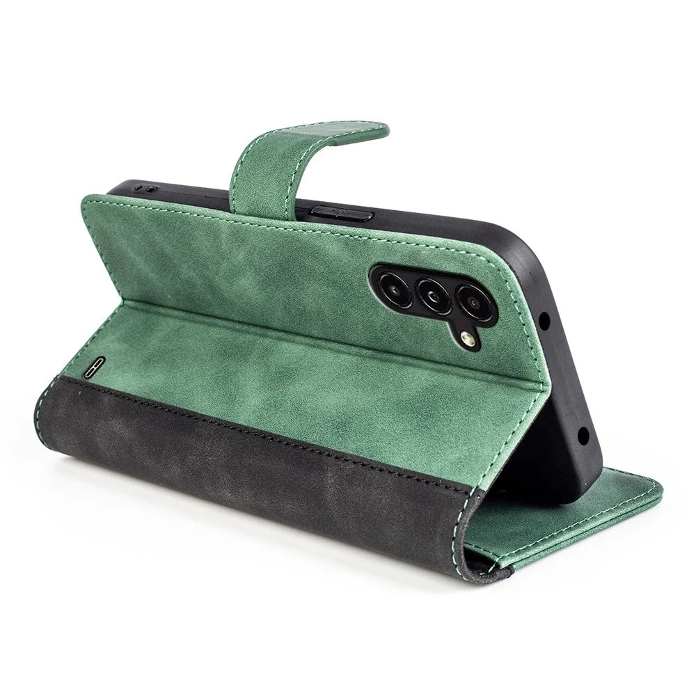 For Samsung Galaxy A14 5G / 4G Color Splicing PU Leather Book Wallet Case Magnetic Closure Stand Full Protection Folio Flip Phone Cover - Green - 3