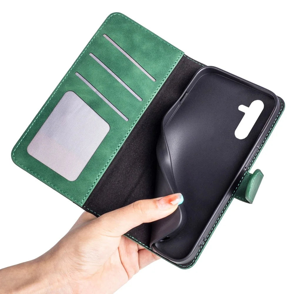 For Samsung Galaxy A14 5G / 4G Color Splicing PU Leather Book Wallet Case Magnetic Closure Stand Full Protection Folio Flip Phone Cover - Green - 4