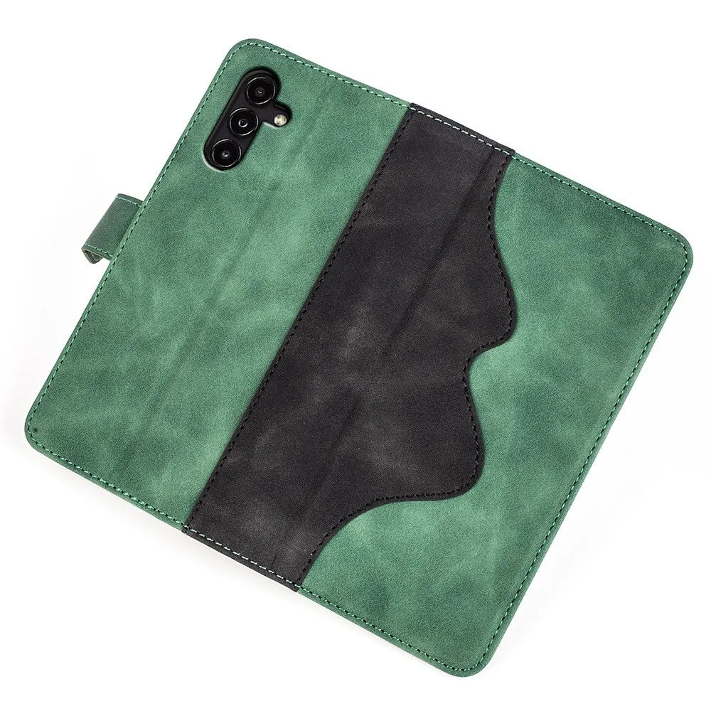 For Samsung Galaxy A14 5G / 4G Color Splicing PU Leather Book Wallet Case Magnetic Closure Stand Full Protection Folio Flip Phone Cover - Green - 5
