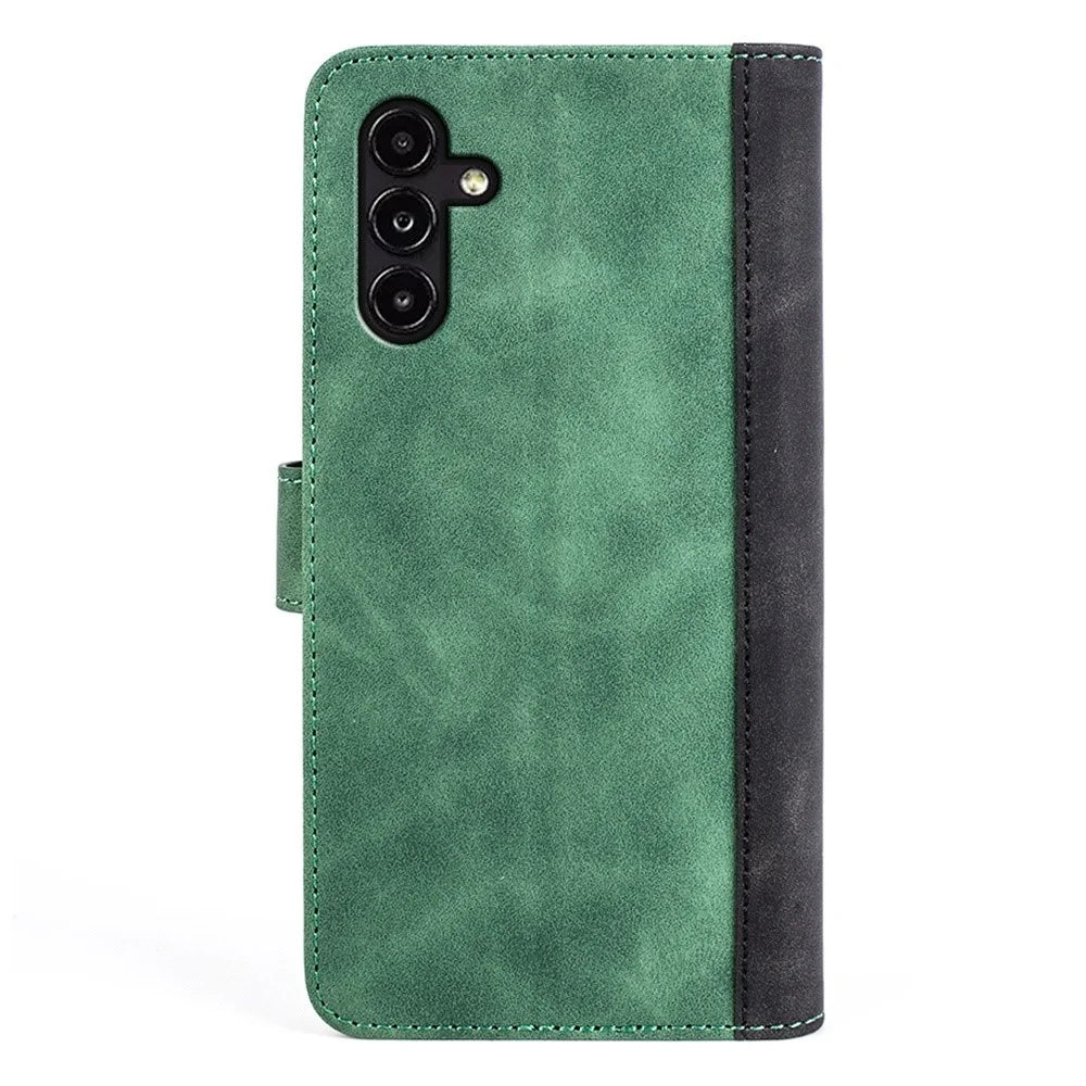 For Samsung Galaxy A14 5G / 4G Color Splicing PU Leather Book Wallet Case Magnetic Closure Stand Full Protection Folio Flip Phone Cover - Green - 7