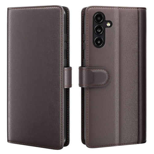 For Samsung Galaxy A14 5G / 4G Case Genuine Split Leather Phone Cover with Wallet Stand - Brown - 1