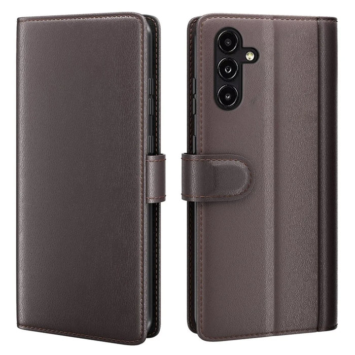 For Samsung Galaxy A14 5G / 4G Case Genuine Split Leather Phone Cover with Wallet Stand - Brown - 1