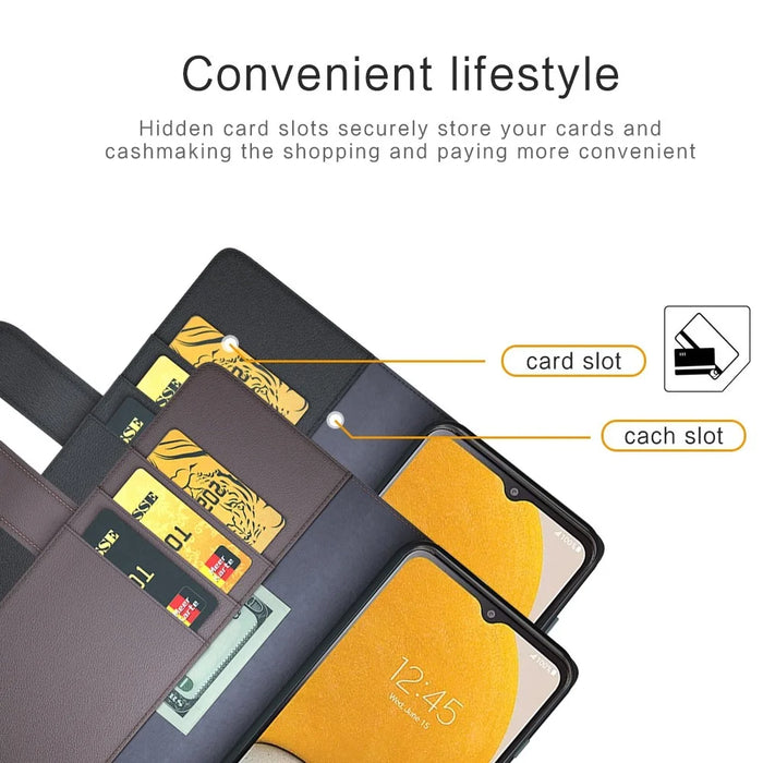 For Samsung Galaxy A14 5G / 4G Case Genuine Split Leather Phone Cover with Wallet Stand - Brown - 4