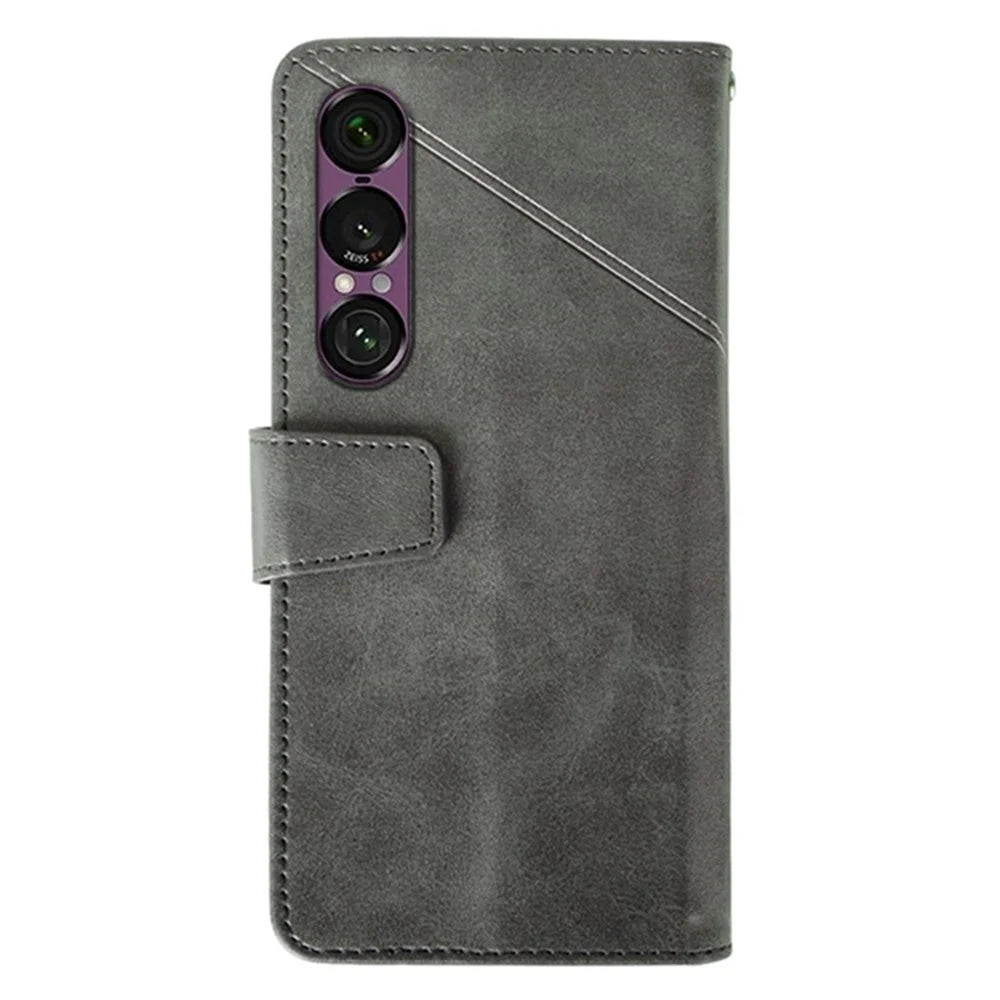 IDEWEI For Sony Xperia 1 VII Case Leather Wallet Phone Cover Stand Calf Texture - Grey - 5