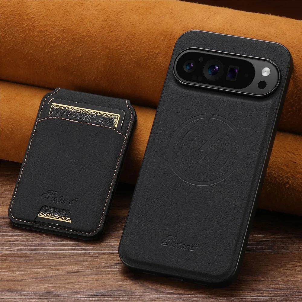 SUTENI H16 For Google Pixel 9 / 9 Pro Magnetic Case Kickstand Phone Cover Detachable Card Holder - Black - 6