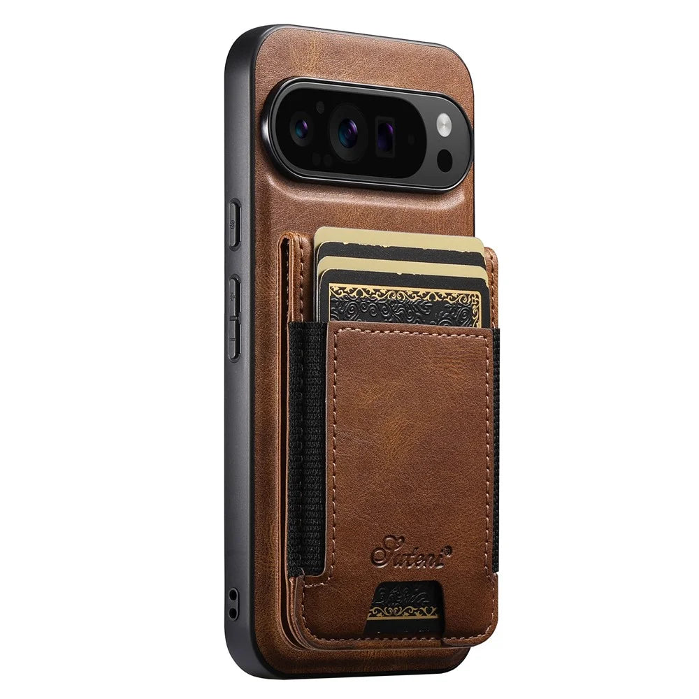 SUTENI For Google Pixel 10 / 10 Pro Magnetic Case Card Holder Kickstand Phone Cover - Brown - 2