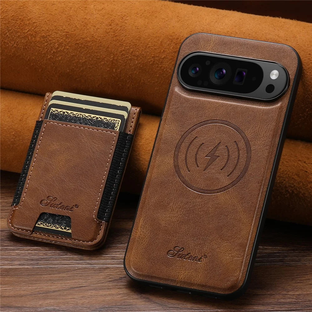 SUTENI For Google Pixel 10 / 10 Pro Magnetic Case Card Holder Kickstand Phone Cover - Brown - 6