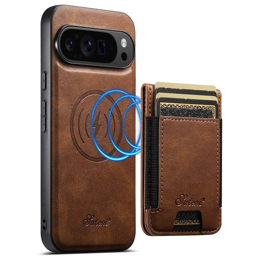 SUTENI For Google Pixel 10 Pro XL Magnetic Case Card Holder Kickstand Phone Cover - Brown - 1