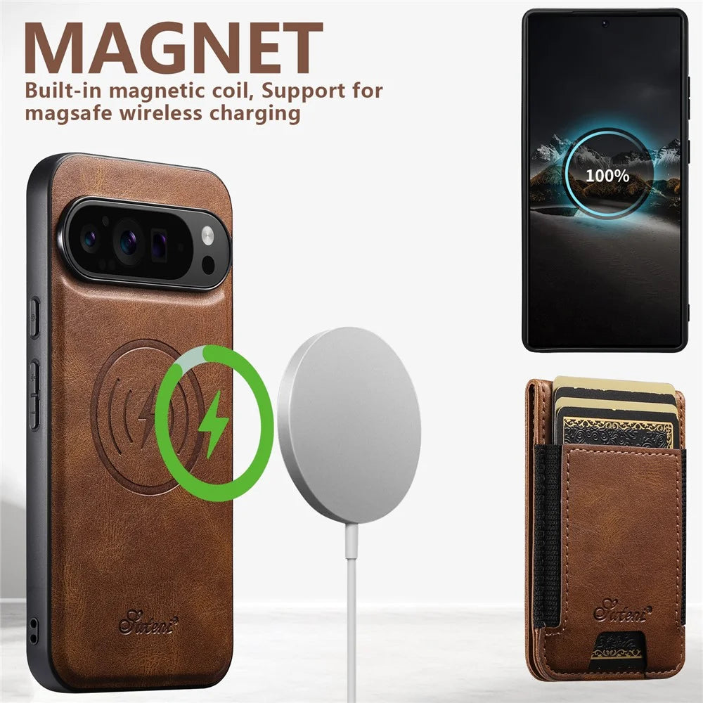 SUTENI For Google Pixel 10 Pro XL Magnetic Case Card Holder Kickstand Phone Cover - Brown - 3