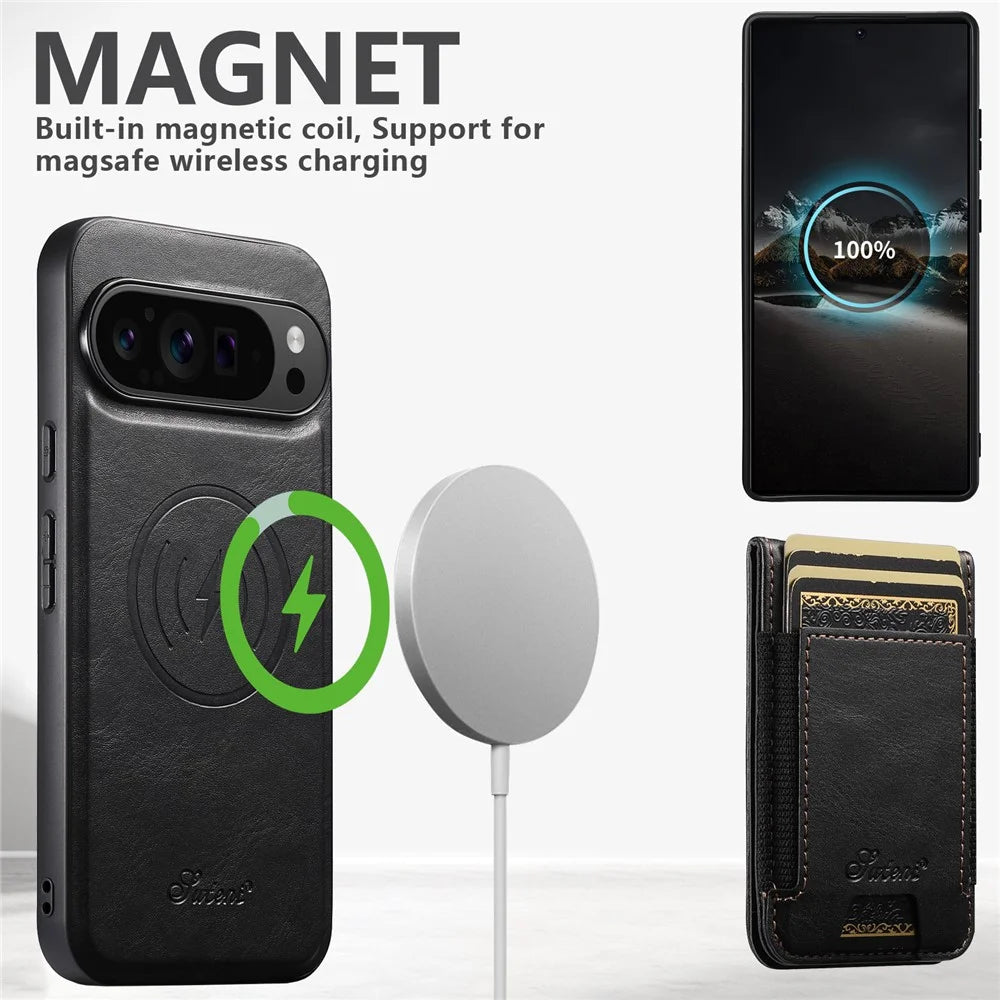 SUTENI For Google Pixel 9 / 9 Pro Magnetic Case Card Holder Kickstand Phone Cover - Black - 3