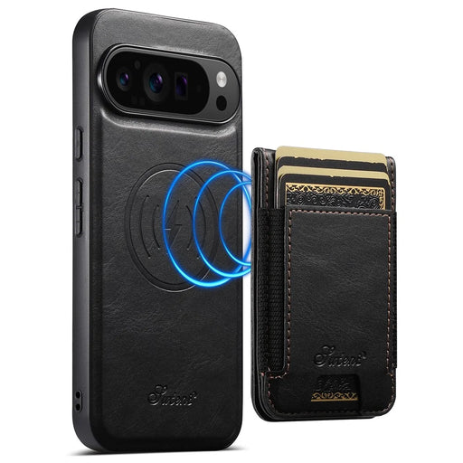 SUTENI For Google Pixel 9 Pro XL Magnetic Case Card Holder Kickstand Phone Cover - Black - 1