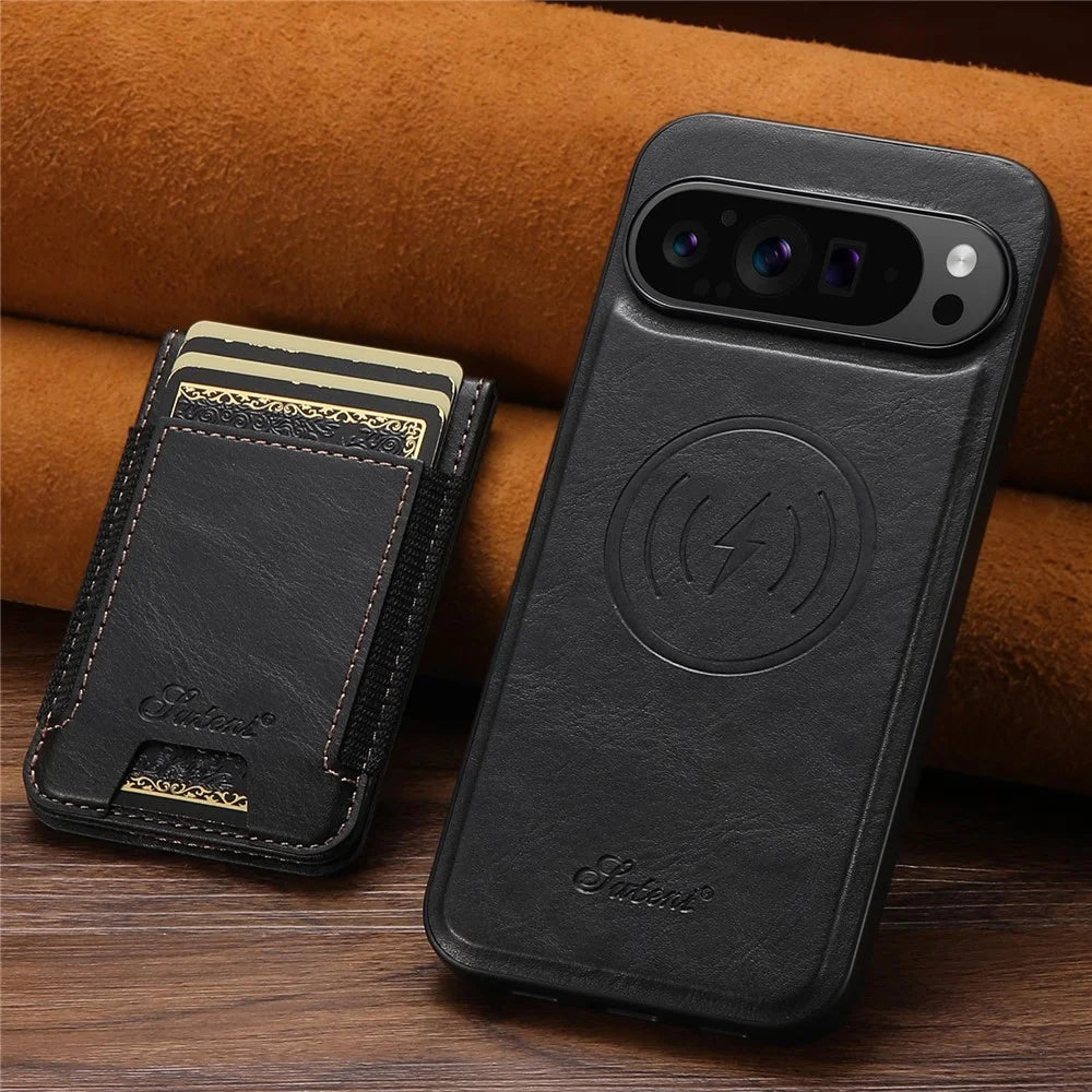 SUTENI For Google Pixel 9 Pro XL Magnetic Case Card Holder Kickstand Phone Cover - Black - 6