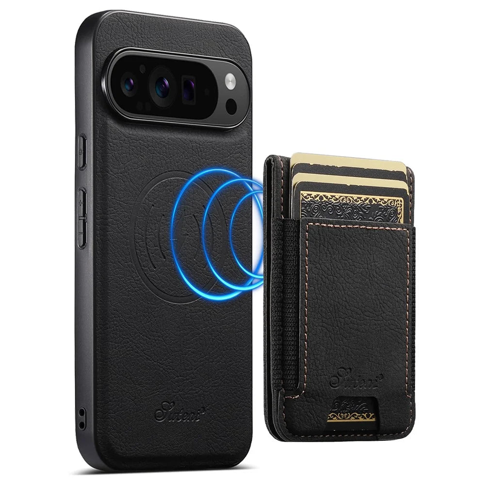 SUTENI H17 For Google Pixel 10 / 10 Pro Magnetic Case Card Slots Leather + TPU Kickstand Phone Cover - Black - 1