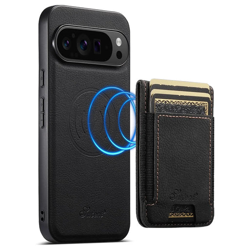 SUTENI H17 For Google Pixel 10 / 10 Pro Magnetic Case Card Slots Leather + TPU Kickstand Phone Cover - Black - 1