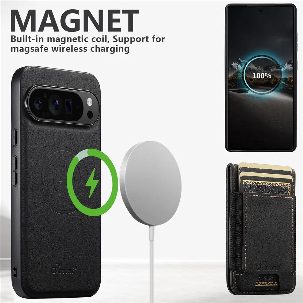 SUTENI H17 For Google Pixel 10 Pro XL Magnetic Case Card Slots Leather + TPU Kickstand Phone Cover - Black - 3
