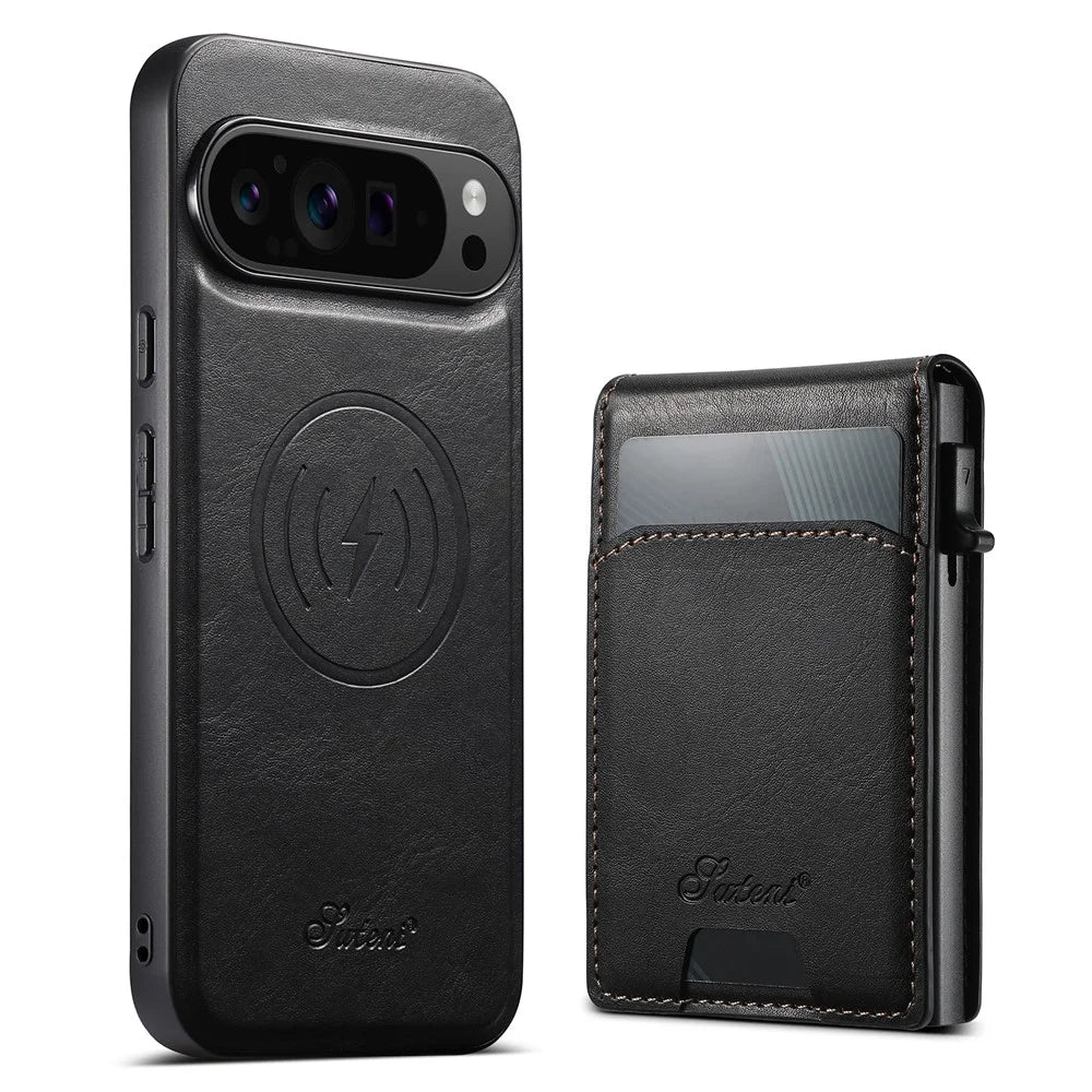 SUTENI H19 For Google Pixel 10 Pro XL Magnetic Case Waxy Texture Card Slots Leather Back Phone Cover - Black - 3