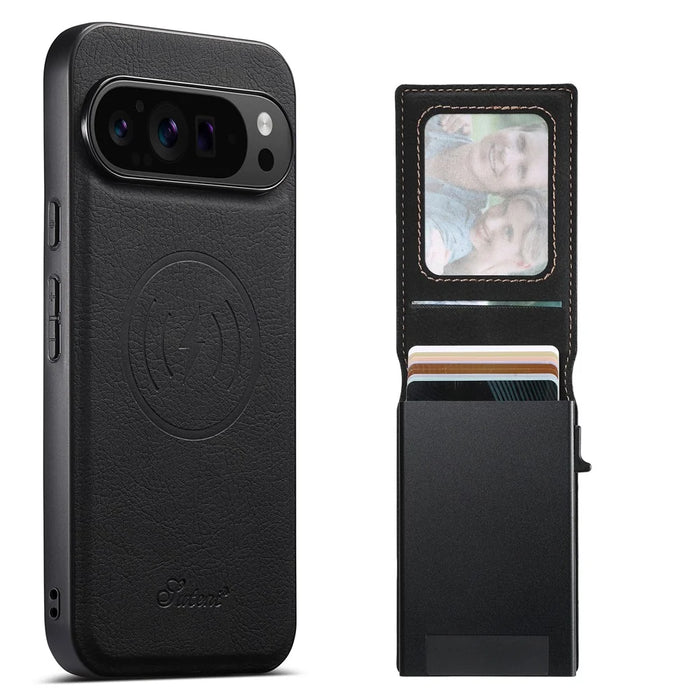 SUTENI H19 For Google Pixel 10 / 10 Pro Magnetic Case Card Holder Kickstand Litchi Texture Leather Back Cover - Black - 1