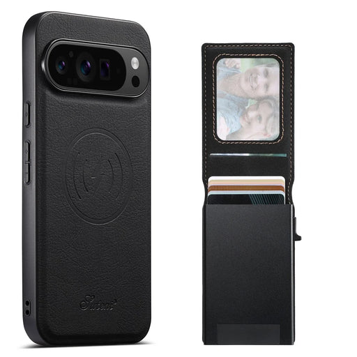 SUTENI H19 For Google Pixel 10 Pro XL Magnetic Case Card Holder Kickstand Litchi Texture Leather Back Cover - Black - 1