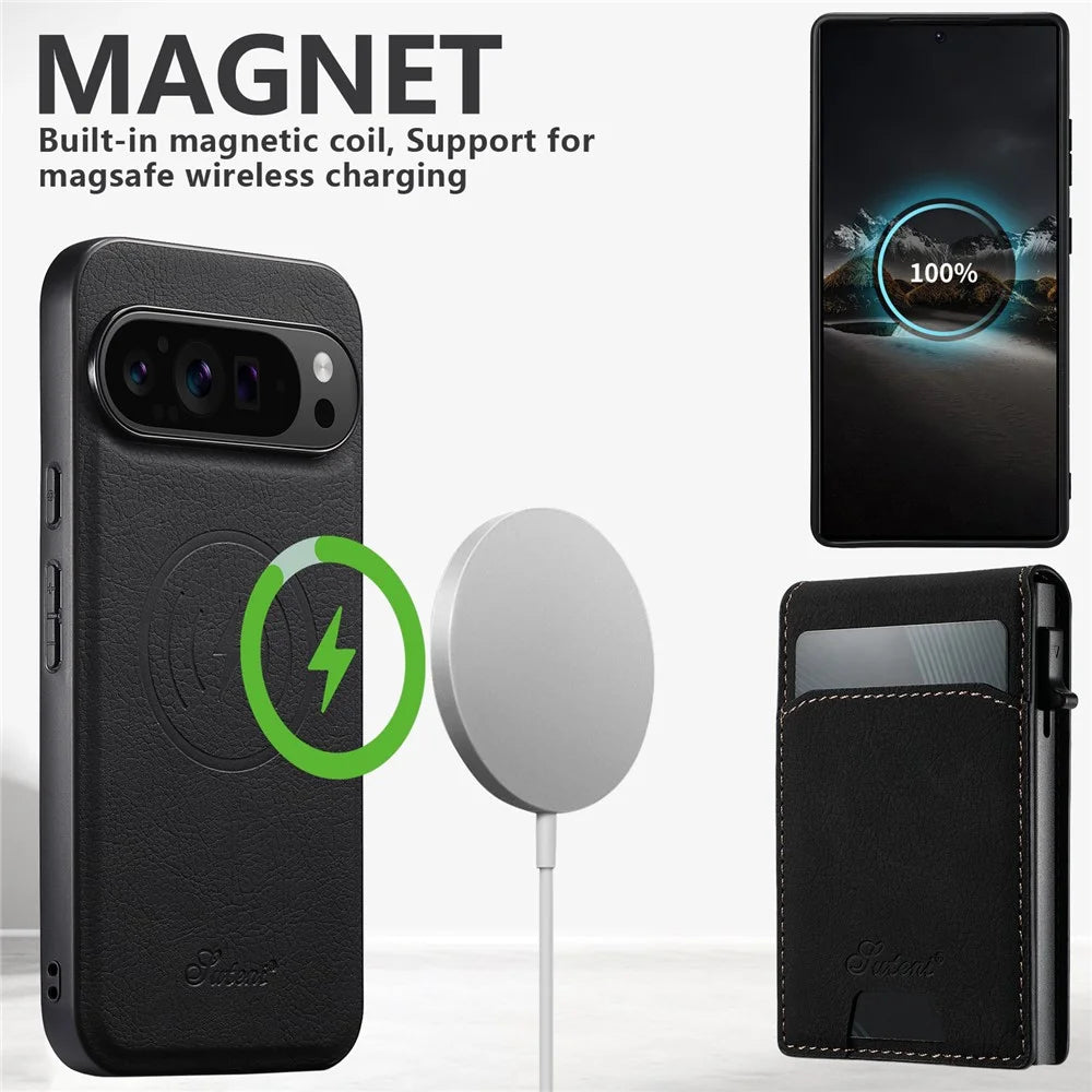 SUTENI H19 For Google Pixel 10 Pro XL Magnetic Case Card Holder Kickstand Litchi Texture Leather Back Cover - Black - 3