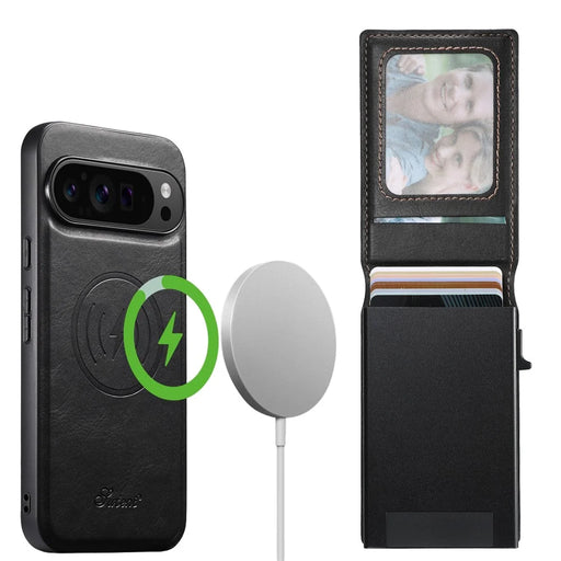 SUTENI H19 For Google Pixel 9 / 9 Pro Magnetic Case Waxy Texture Card Slots Leather Back Phone Cover - Black - 1