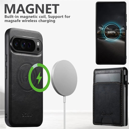 SUTENI H19 For Google Pixel 9 Pro XL Magnetic Case Waxy Texture Card Slots Leather Back Phone Cover - Black - 2
