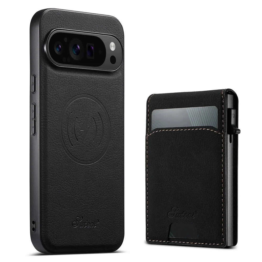 SUTENI H19 For Google Pixel 9 / 9 Pro Magnetic Case Card Holder Kickstand Litchi Texture Leather Back Cover - Black - 7