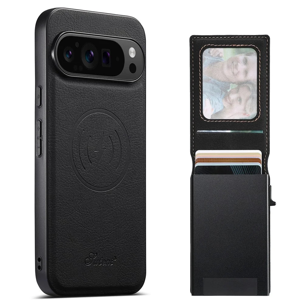 SUTENI H19 For Google Pixel 9 Pro XL Magnetic Case Card Holder Kickstand Litchi Texture Leather Back Cover - Black - 1