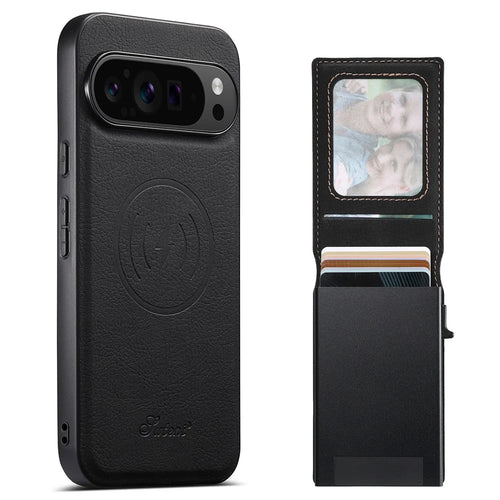 SUTENI H19 For Google Pixel 9 Pro XL Magnetic Case Card Holder Kickstand Litchi Texture Leather Back Cover - Black - 1