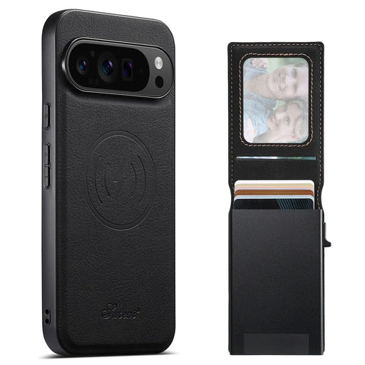 SUTENI H19 For Google Pixel 9 Pro XL Magnetic Case Card Holder Kickstand Litchi Texture Leather Back Cover - Black - 1