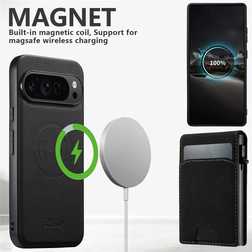 SUTENI H19 For Google Pixel 9 Pro XL Magnetic Case Card Holder Kickstand Litchi Texture Leather Back Cover - Black - 2