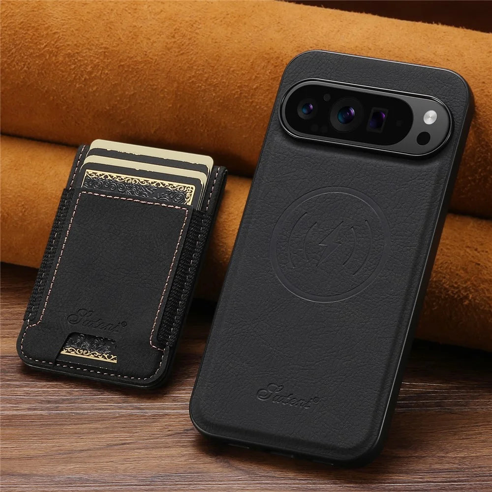 SUTENI H17 For Google Pixel 9 / 9 Pro Magnetic Case Card Slots Leather + TPU Kickstand Phone Cover - Black - 6