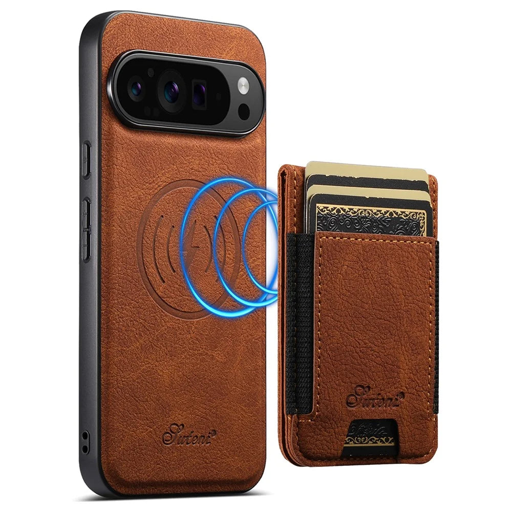 SUTENI H17 For Google Pixel 9 Pro XL Magnetic Case Card Slots Leather + TPU Kickstand Phone Cover - Khaki - 1