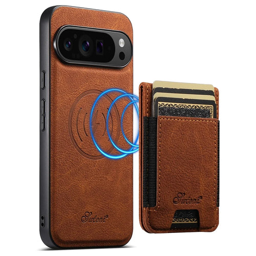 SUTENI H17 For Google Pixel 9 Pro XL Magnetic Case Card Slots Leather + TPU Kickstand Phone Cover - Khaki - 1