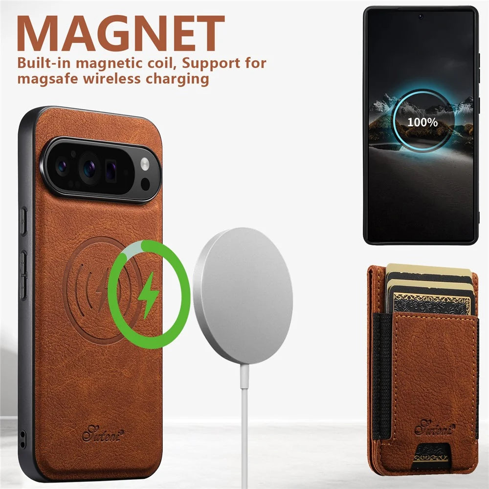 SUTENI H17 For Google Pixel 9 Pro XL Magnetic Case Card Slots Leather + TPU Kickstand Phone Cover - Khaki - 2