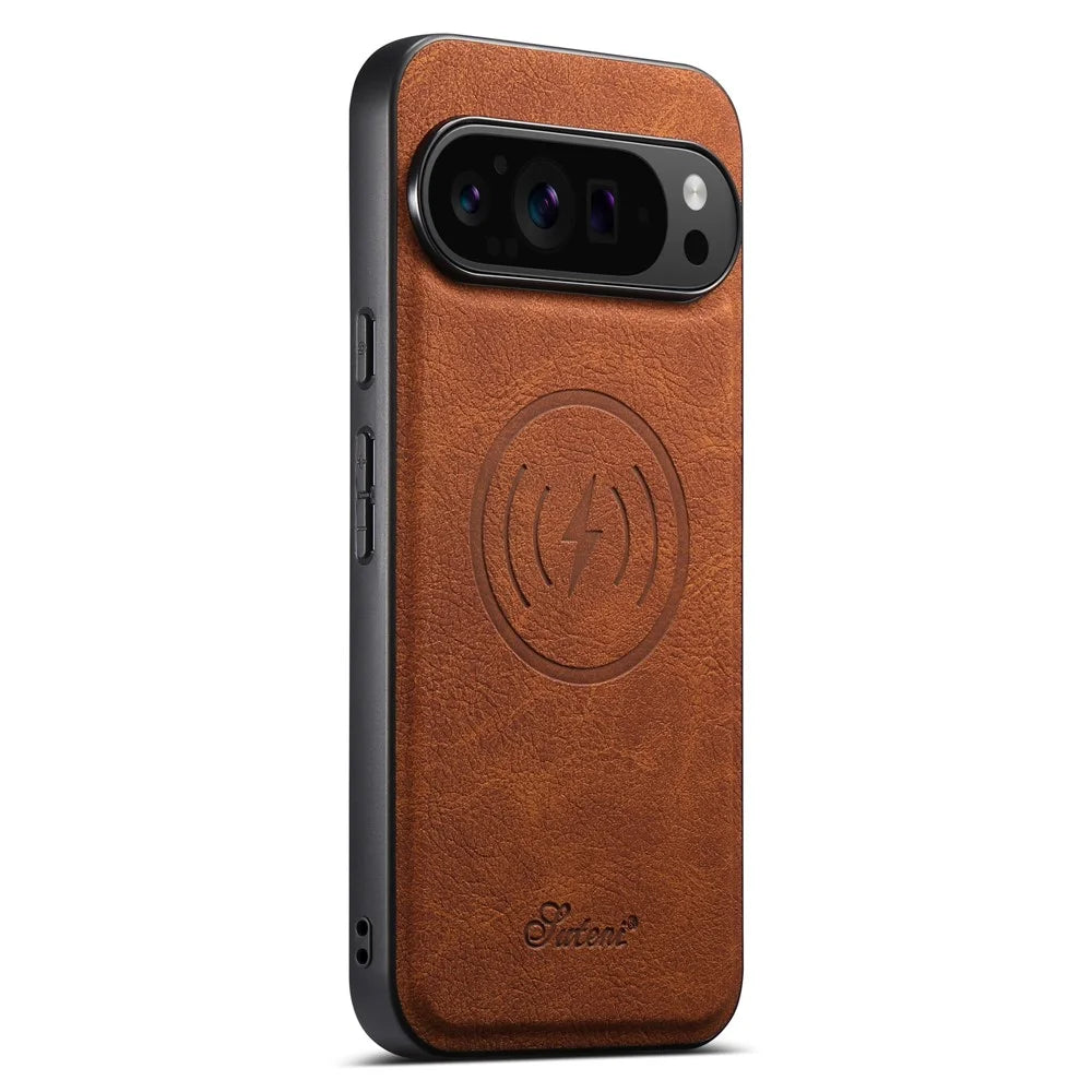 SUTENI H17 For Google Pixel 9 Pro XL Magnetic Case Card Slots Leather + TPU Kickstand Phone Cover - Khaki - 4